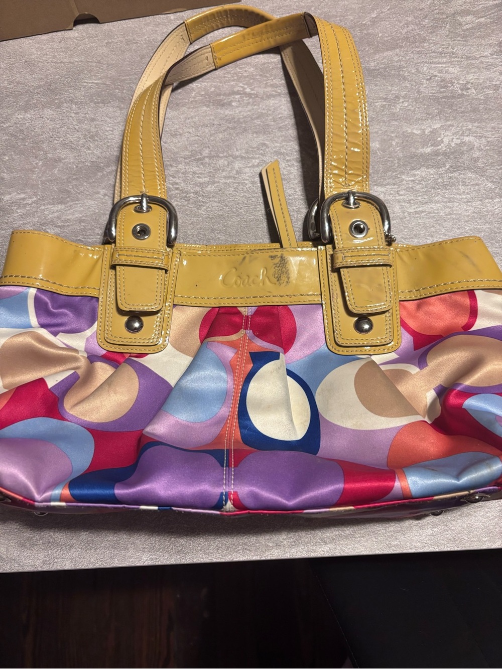 Coach Multicolor Signature Circle Shoulder Bag with Yellow Trim